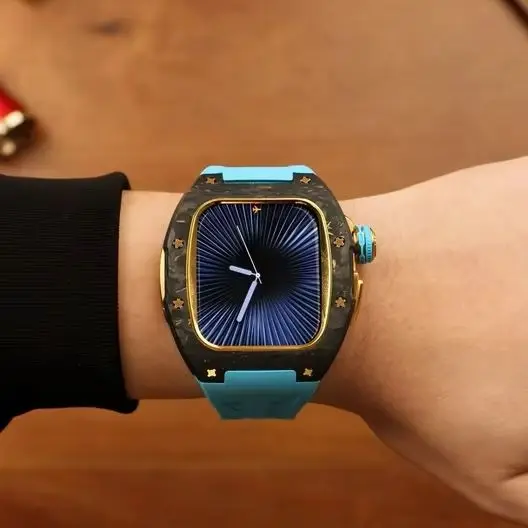 NEW For Apple Watch Series S11/10 46mm Carbon Fiber Case Luxury Mod Kit, Fashion Protection Fluororubber iWatch Smart Band