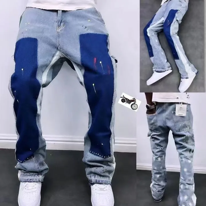 High Street Wind Washing Water Old Ink Splashing Color Matching Bell Pants Sub-trend Personality Niche Stacking Jeans