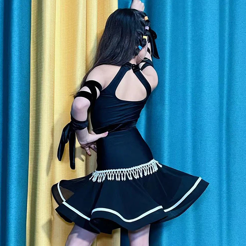 2023 Kinder Latin Tanz kleid schwarz Performance Kostüm Mädchen Cha Cha Rumba Gesellschaft stanz Wettbewerb tragen Fransen Kleid dnv18928