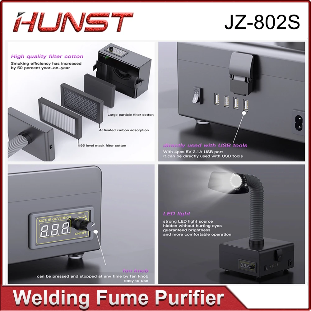 HUNST ZJ- 802 ZJ- 802S Welding Fume Extractor Air Dust Fume Purifier USB Fast Charger Industrial Phone PCB Soldering Repair Tool