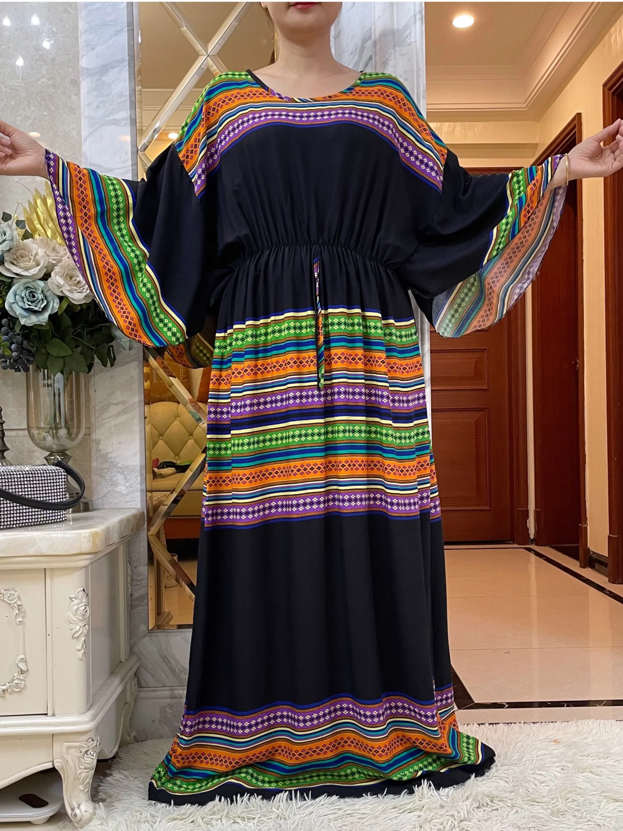 

New Dubai Muslim Women Batwing Sleeve Dresses With Big Scarf African Abaya Turkey Summer Loose Cotton Dress American Islam