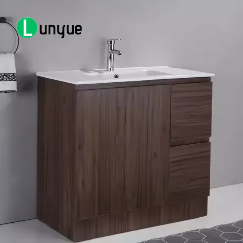 Modern Luxury Brown Wooden Bathroom Vanity Cabinet Floor Standing with Durable White Countertop Easy to Clean for Home Bath