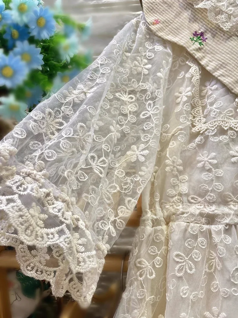 Vintage Retro Chic Lace Cover Floral Embroidery Tunic Long Midi Dress Women Summer Ruffled Lace Lolita Evening Wedding Dress