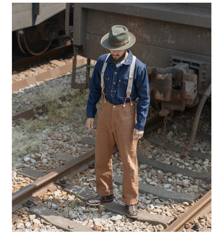 BRONSON Vintage Y Shape Suspenders, Old Time Patch Leather Braces, American Workwear Retro Shoulder Straps