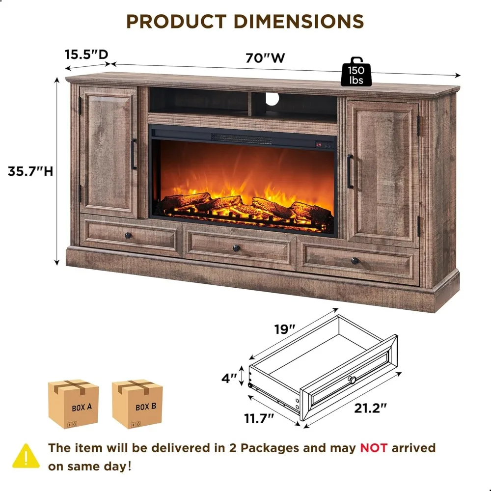 ACCOHOHO Soporte para TV con chimenea para TV de 80 pulgadas, centro de entretenimiento de granja de 35,7 de alto con chimenea eléctrica de 36 pulgadas, consola multimedia con