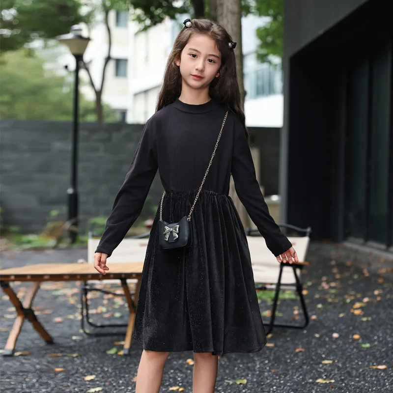 

Зимние платья для больших девочек, бархатная лоскутная детская одежда, новинка 2025 года, осеннее платье для девочек, коричневые, черные платья с длинными рукавами, От 10 до 12 лет 14-16 лет