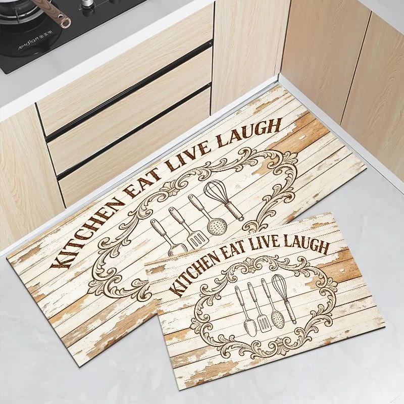 VIKAMA Rustic Distressed Wood Kitchen Mat Waterproof Non Slip Runner Rug Eat Live Laugh Farmhouse Floor Decor Carpet