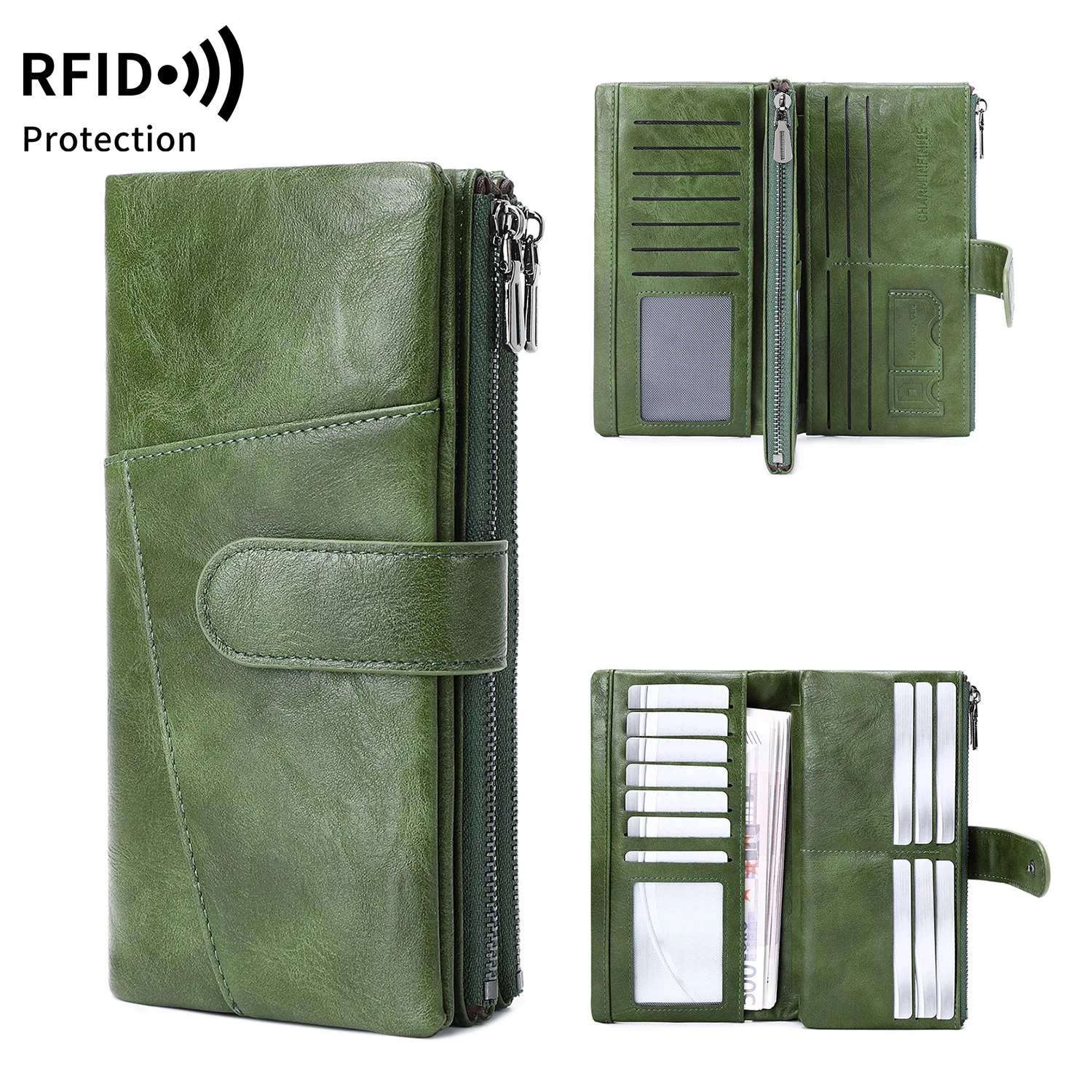 RFID Trifold Zipper Womens Credit Card Holder Stylish Retro Business Long Wallet for Men High-Quality Luxury Portable Coin Purse