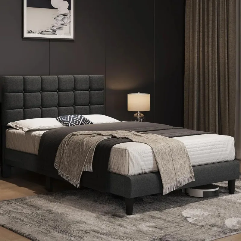 

Full Size Upholstered Bed Frame with Square Stitched and Button-Tufted Headboard, Height Adjustable Platform Bed in Woode