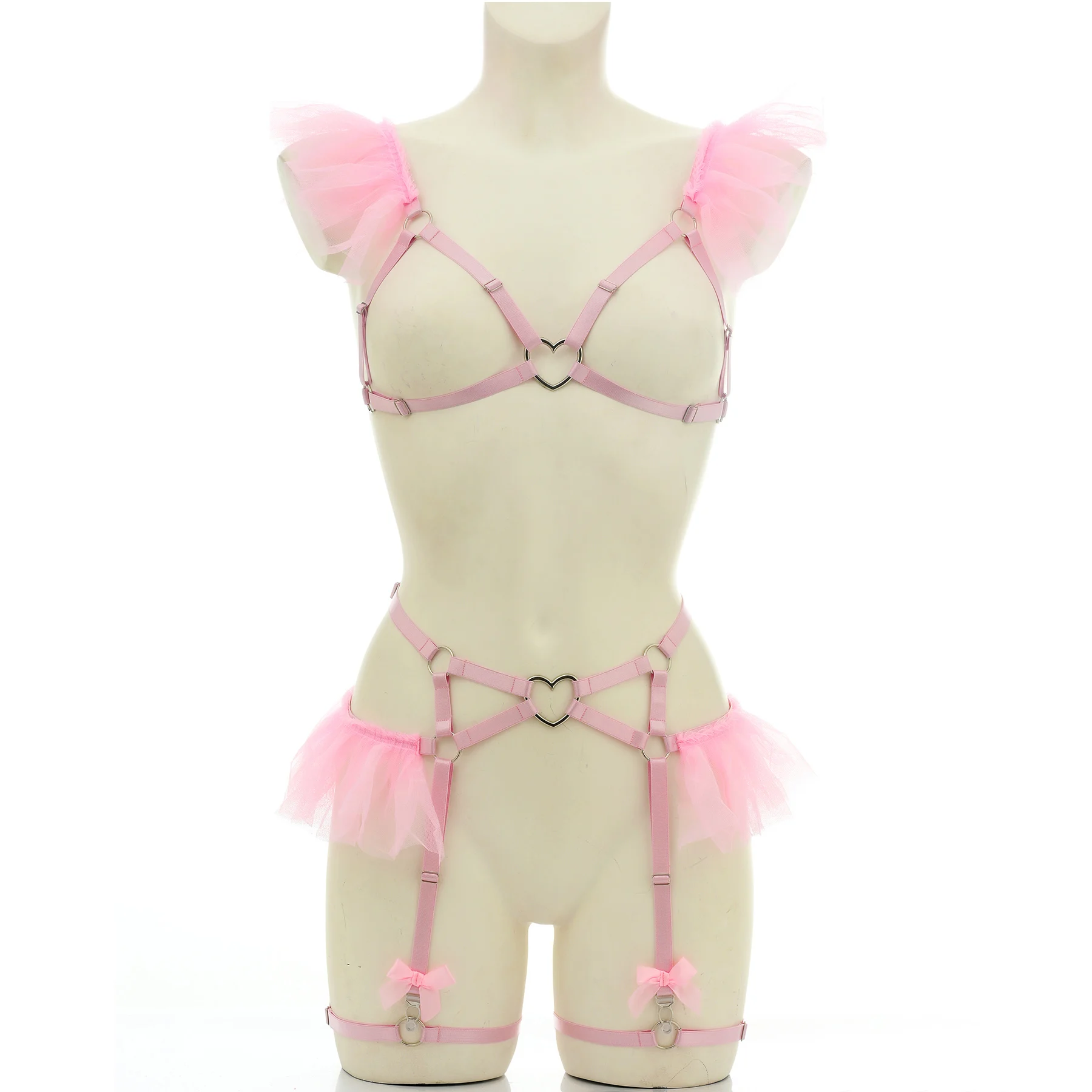 Pink Women Heart Ring Body Harness Set Elastic Bondage Sexy Lingerie Hollow Open Chest Harness Bra Mesh Adjustable Garter Belt