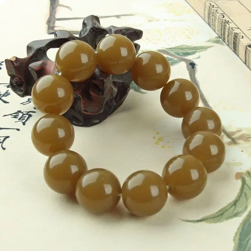 

Natural Xin Jiang Jade Caramel Color 16mm Large Round Bead Bracelet Men's Domineering Holiday Gift