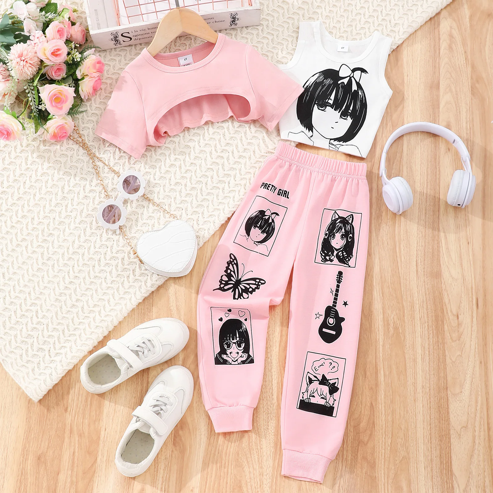 Kids Girls Stretchy Sports Suit Short Sleeve Asymmetrical Hem Crop Top with Anime Printed Vest And Elastic Waistband Sweatpants