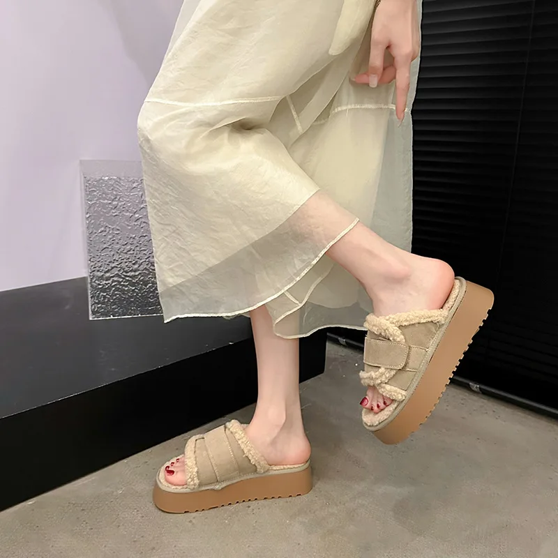 40 Beige Platform Outside Velvet Fur Warm Winter Women Slippers Shoes 2024 Autumn New Outdoor Casual Slippers Shoes Warm Shoes