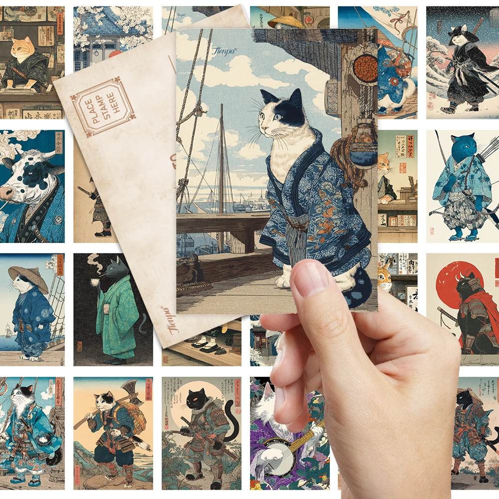 32pcs Ukiyo-E Cat Postcards, Cat Theme, Indoor Bedroom Decor,  Wall Stickers, Message Cards, Greeting Cards, Memorial Postcards