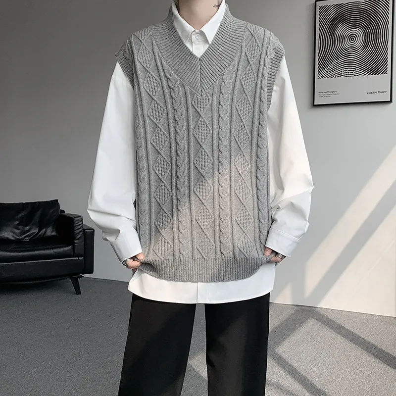 

Retro Twist Knitted Vest Men's Autumn Winter College Sle Layering Top Sweater Trendy Large Size Overlap Faionable Vest