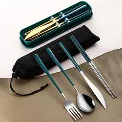 4pcs 304 Tableware Set Portable Cutlery Dinner Stainless Steel Knife Fork Spoon Chopsticks Portable Travel Flatware With Box