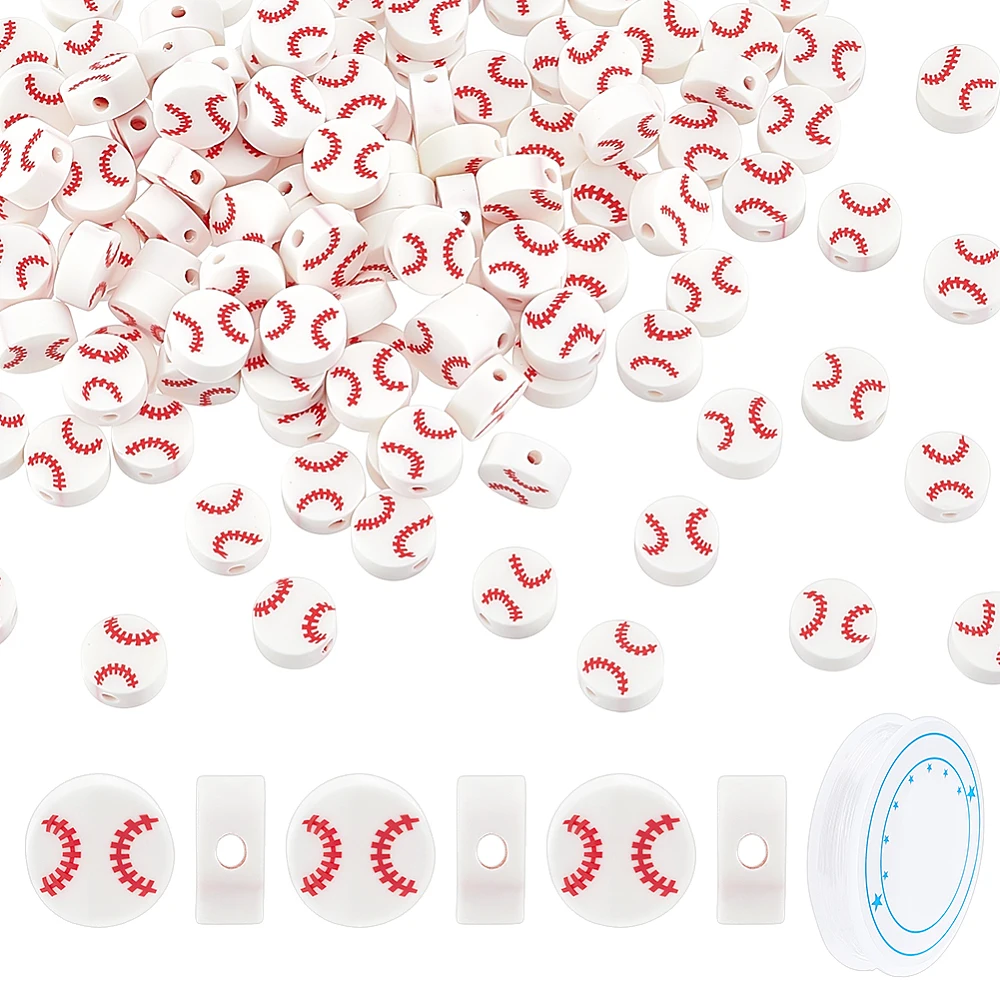 200Pcs Baseball Polymer Clay Beads Sports Loose Spacer Beads White 9x4mm with 4.5m Elastic String for DIY Craft Jewelry Kit
