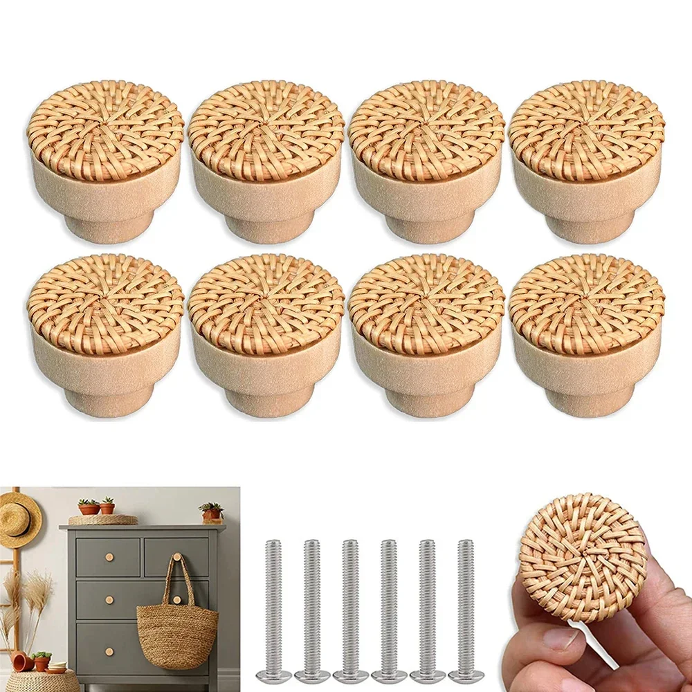 2pcs Boho Rattan Dresser Knobs Round Wooden Drawer Knobs Handmade Wicker Woven And Screws For Boho Furniture Knobs