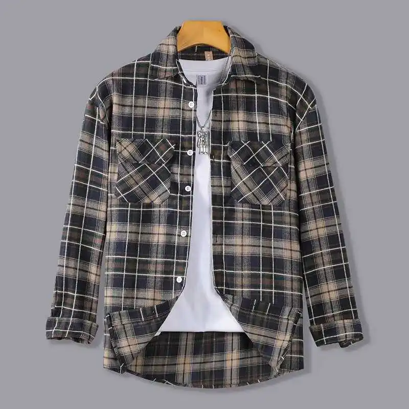 

Хлопковая рубашка в клетку в стиле ретро, японский стиль, весна-осень, универсальная, свободного кроя, с защитой от солнца, с отложным воротником