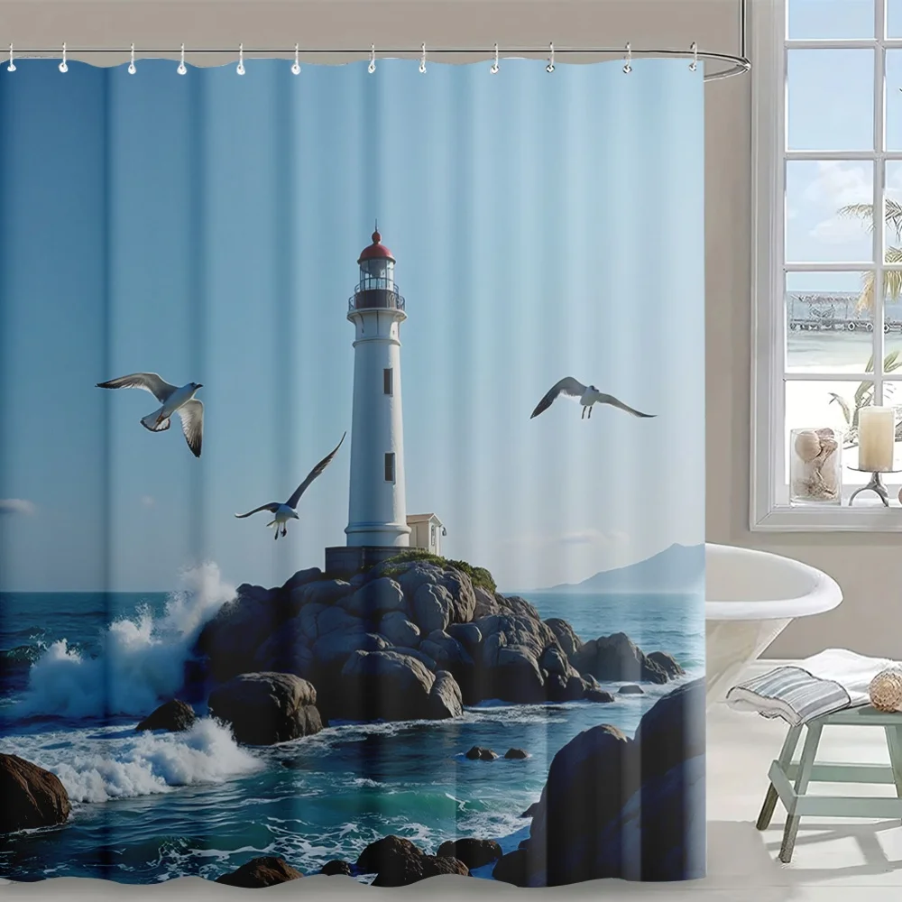 Coastal Lighthouse Seascape Shower Curtain Polyester Waterproof Nautical Ocean View Bathroom Shower Liner Curtain Home Decor Gif