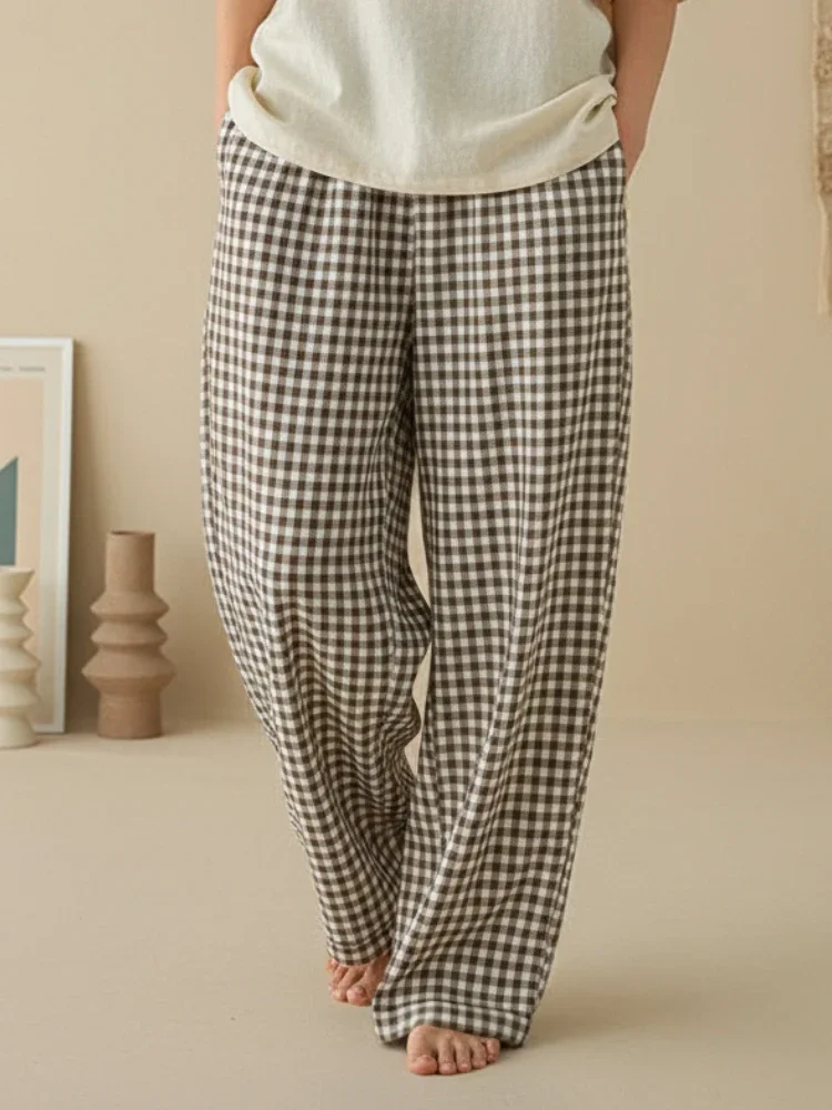 ZANZEA Women Wide Leg Pants Vintage Gingham Elastic Waist Casual Loose Checked Ankle-Length Trousers Everyday Wear Woman Clothes