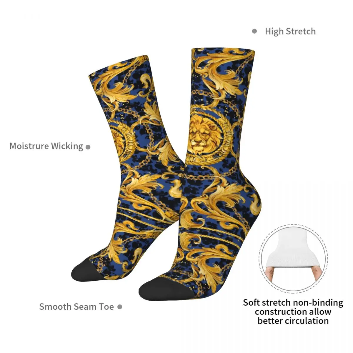 Golden Lion Socks Damask Ornaments Trendy Stockings Women Men Soft Breathable Outdoor Sport Socks Autumn Design Anti Sweat Socks