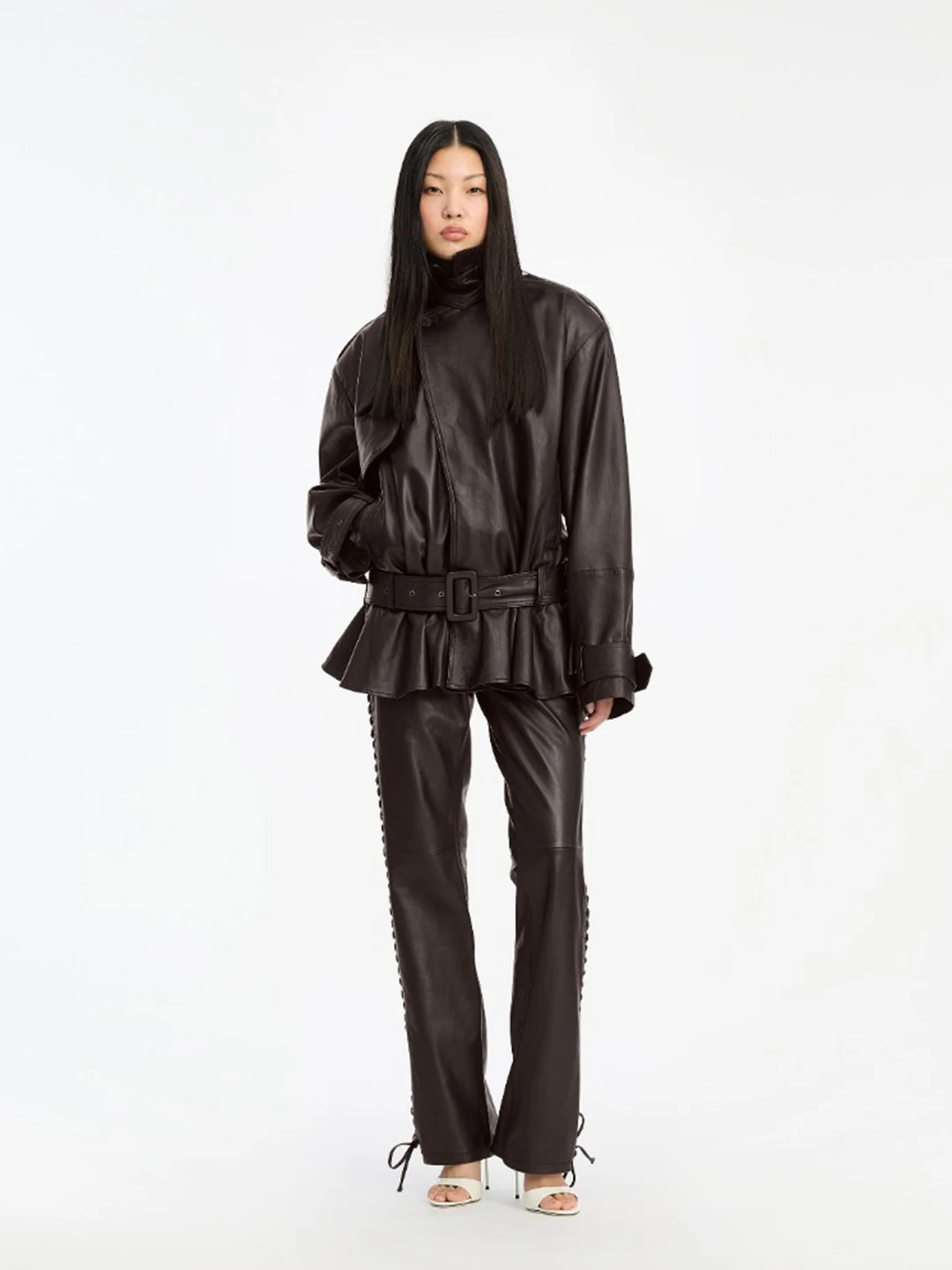 Laur Women's leather coat set with high collar, lace-up design, irregular jacket, plus straight-leg pants, two-piece set 2026