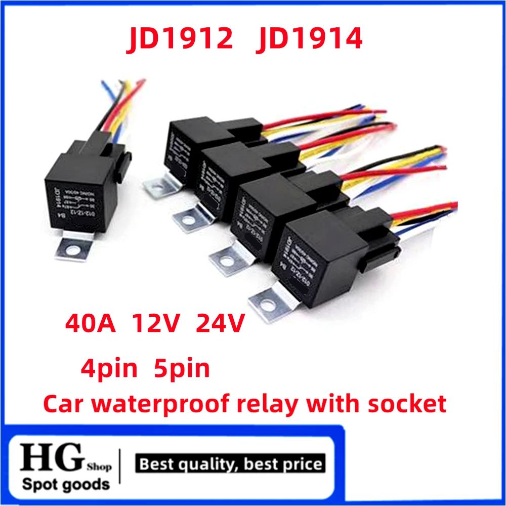 

40A Car Relay40A 12V 24V 4PIN 5Pin JD1912 JD1914 Waterproof Automotive Relay JD2912 JD2914 Auto Relais with Harness Relay Socket