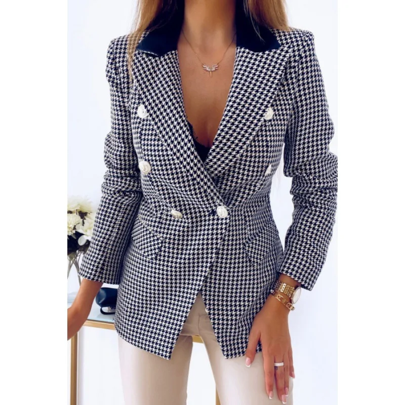 

2023 Autumn and Winter Women's Fashion Commuter Double Breasted Thousand Bird Checker Coat Casual Comfort Versatile Top