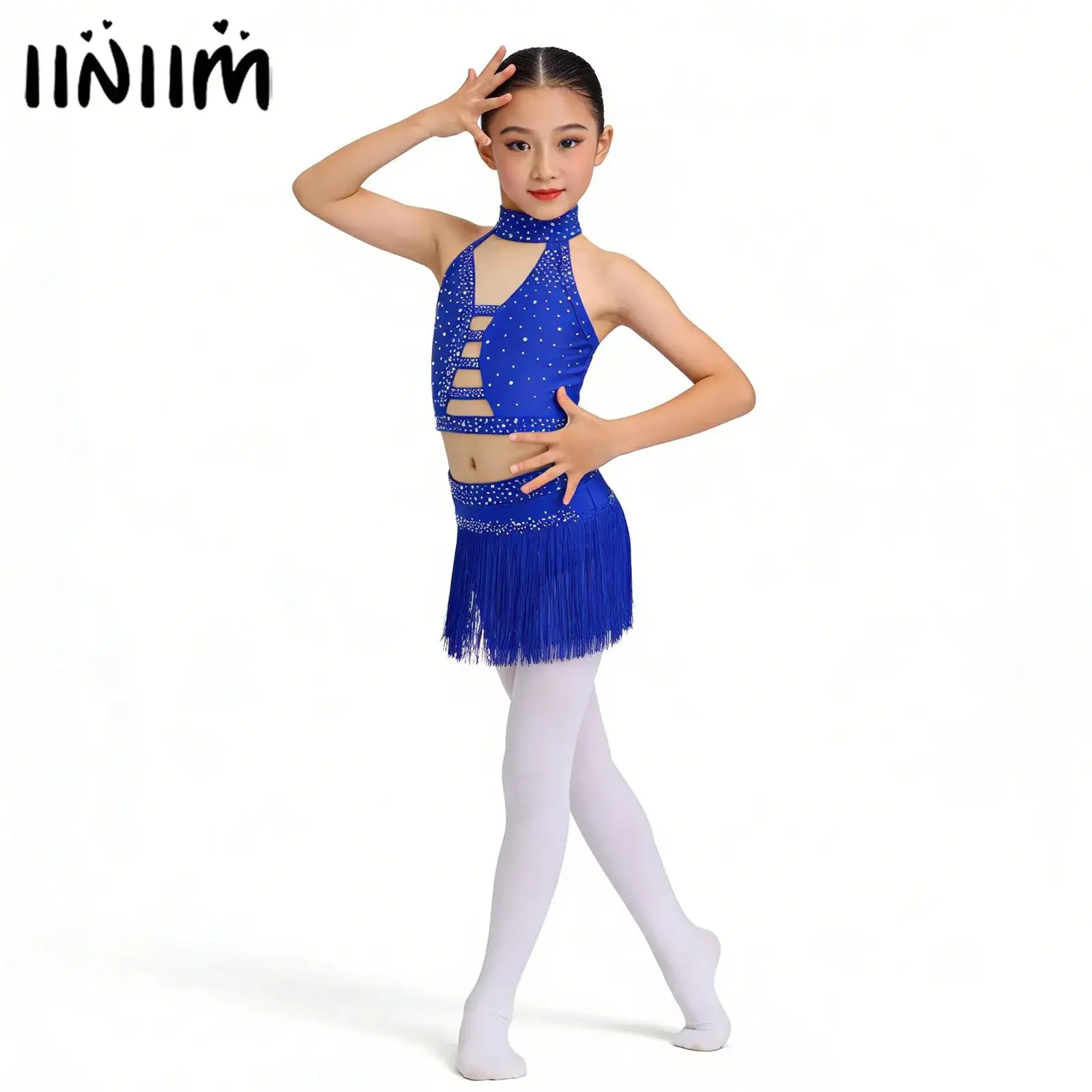 

Kids Girls Sparkling Rhinestone Latin Dance Outfit Halter Tassel Dancewear Halter Back Mesh Crop Top with Tassel Briefs Skirt