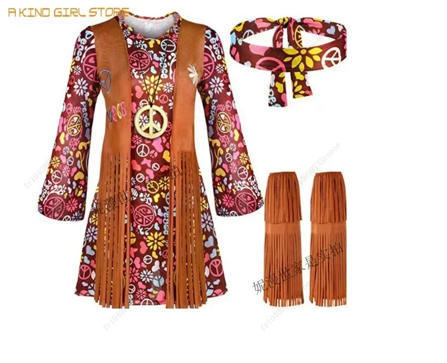 Cosplay Indian Tassels Costumes Set Women's Peace Love Hippie Christmas 1960s Stage Performance Halloween Dress Up Outfits Party