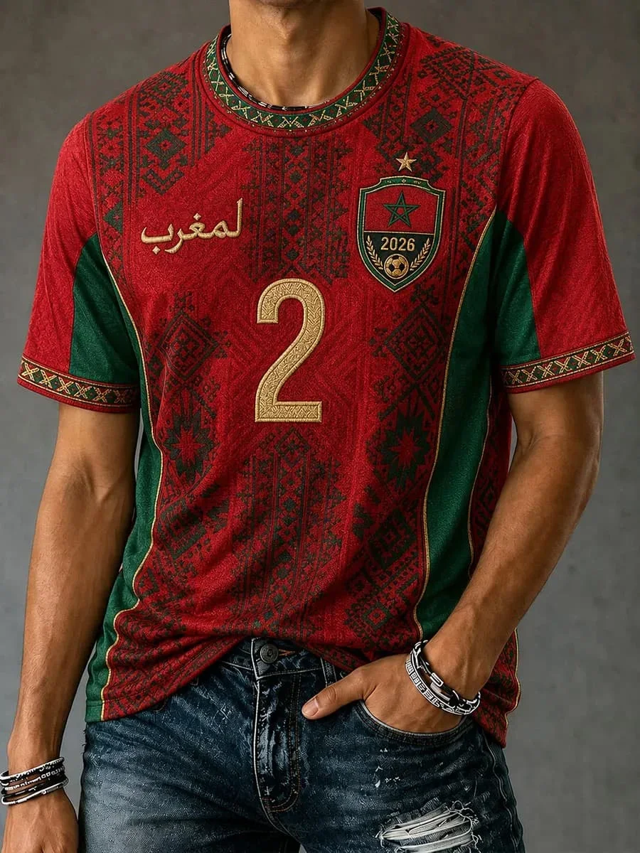 2026 Marokko Fußball-Fan-T-Shirt, Herren-T-Shirt mit rotem Schriftzug, Kurzarm, Freizeit-Sportshirt für Fußballteam-Fans – Detail 9