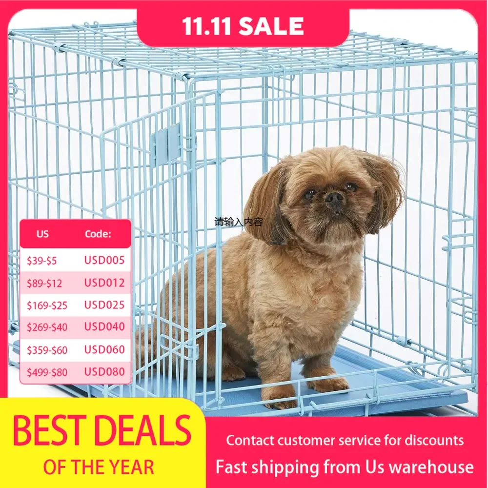 Single door blue folding metal dog cage with divider, floor protection 'roller' feet and leak-proof plastic tray