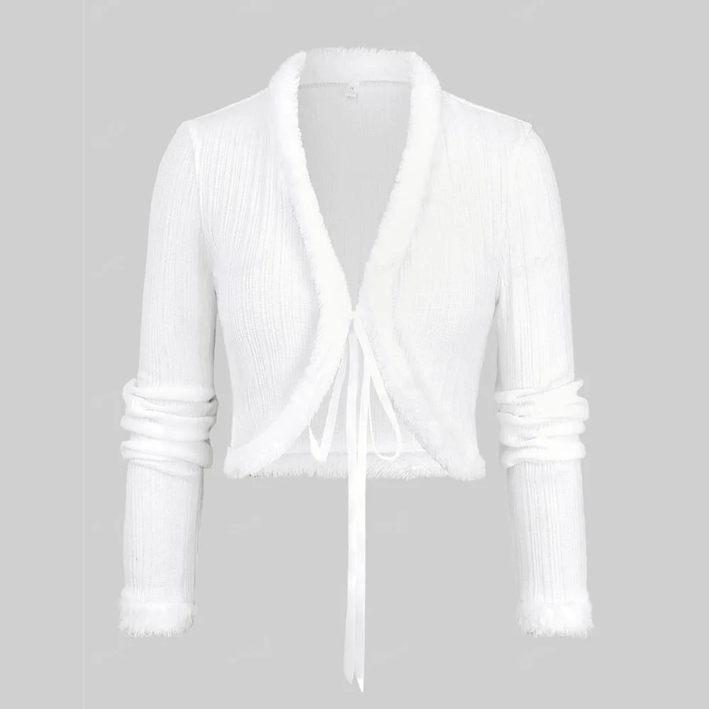 ROSEGAL Plus Size Women's Casual Cropped Cardigan,Fluffy Trim Textured Ribbed Tie Front Cardigans Spring Autumn White Short Tops