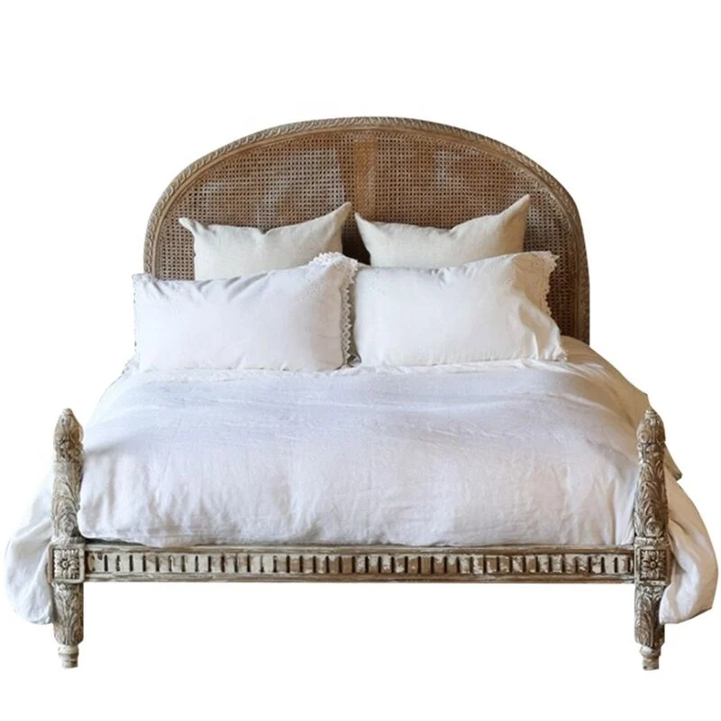

French solid wood bedroom furniture hand-carved rattan bed
