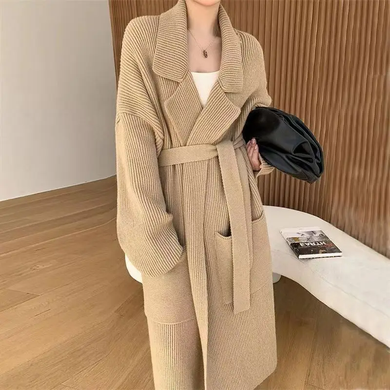 

European and American Style Sweater Coat with Suit Collar 2024 Autumn and Winter Long Loose Sweater Knitted Cardigan for Women