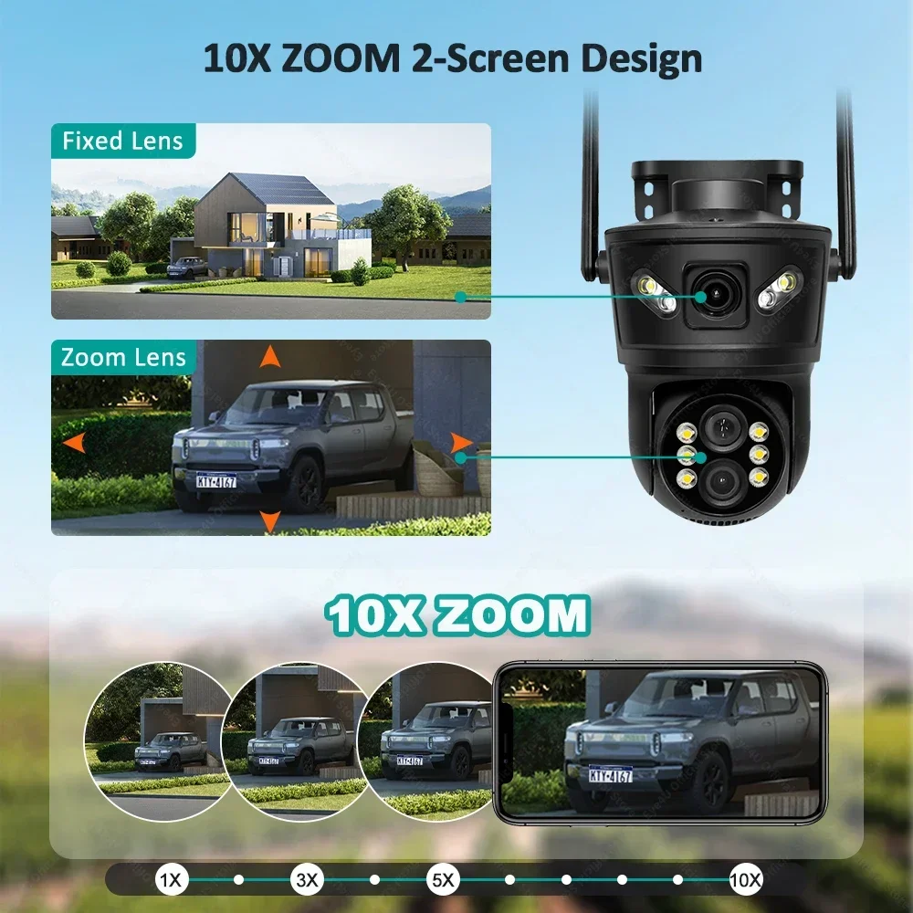 Kamera PTZ 12MP 6K WIFI 10-krotny zoom z trzema obiektywami Podwójna zewnętrzna kamera IP bezpieczeństwa Automatyczne śledzenie Nadzór wideo CCTV Bluetooth