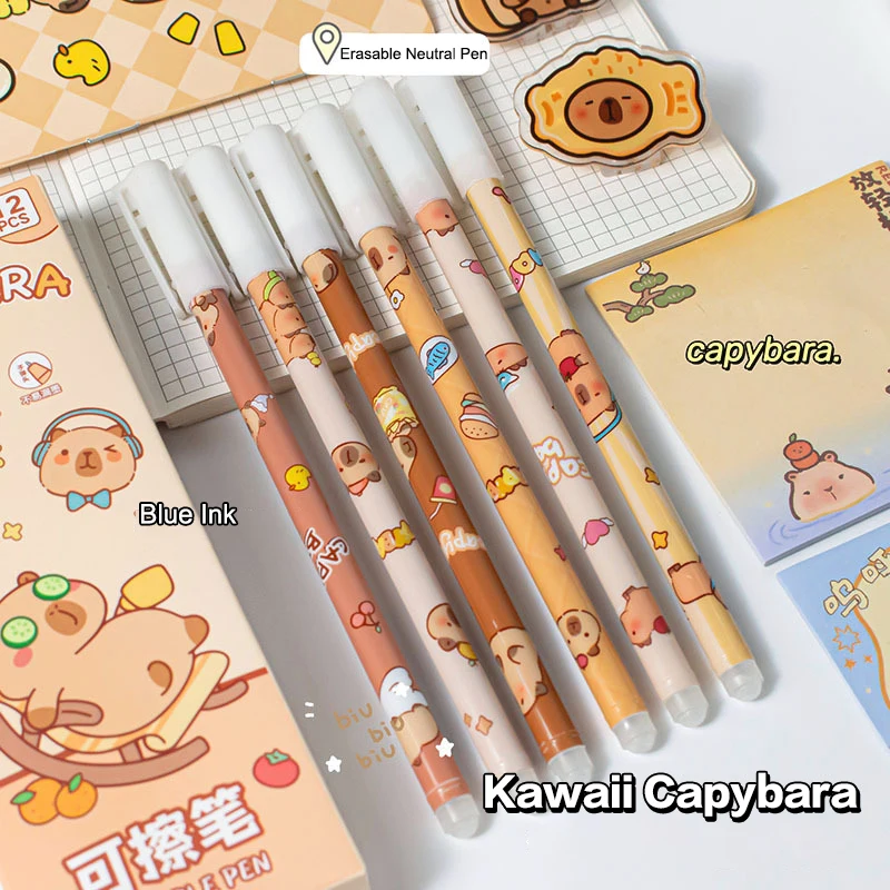 12Pcs Cartoon Capybara Panda Gel Pen Writing Smooth Quick-Drying Blue Erasable Pens Kawaii Student Stationery Office Supplies