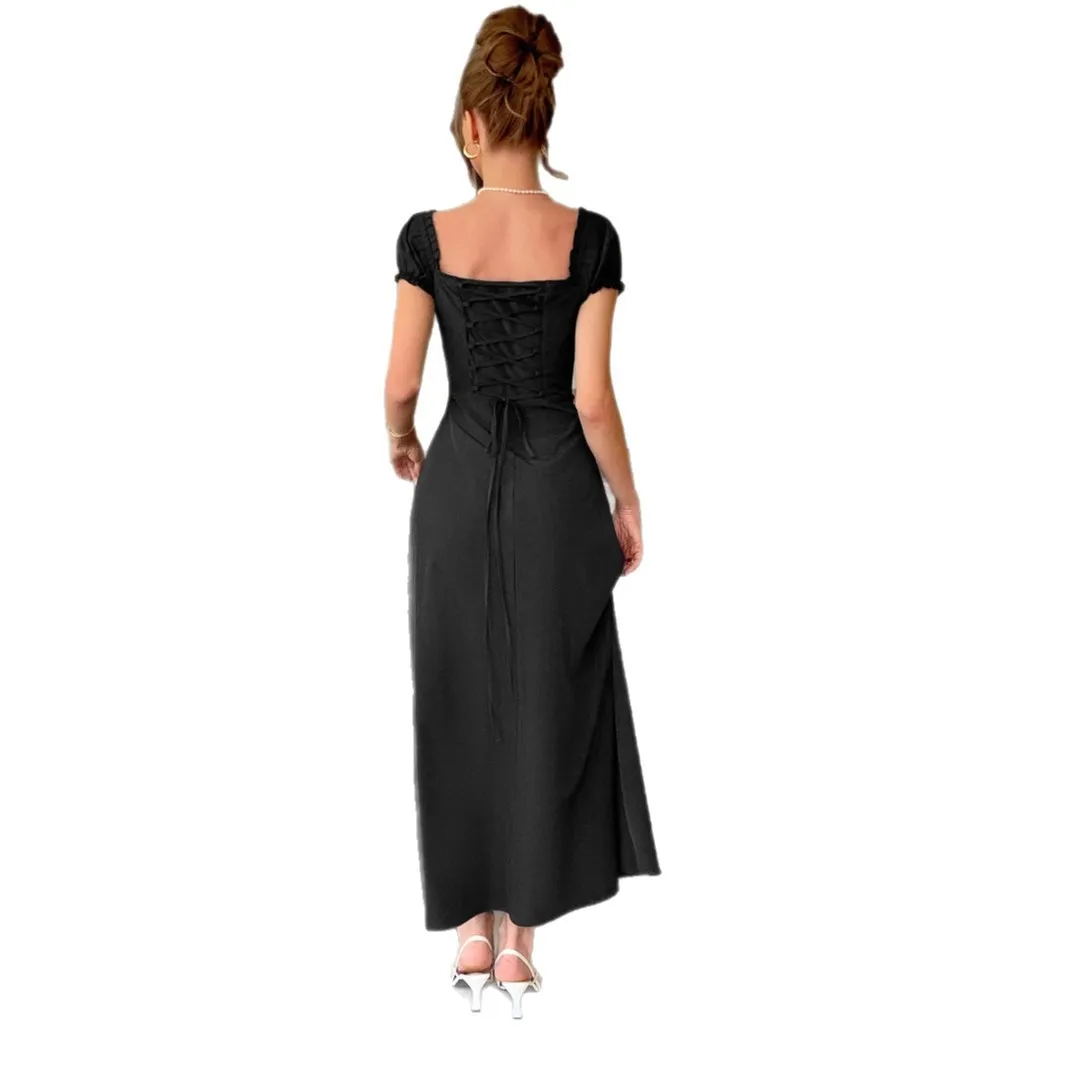 A Line Dress Ruched Square Neck Long Dresses Puff Sleeve Off Shoulder Evening Dress High Waist Floor Length Maxi Dress Navy