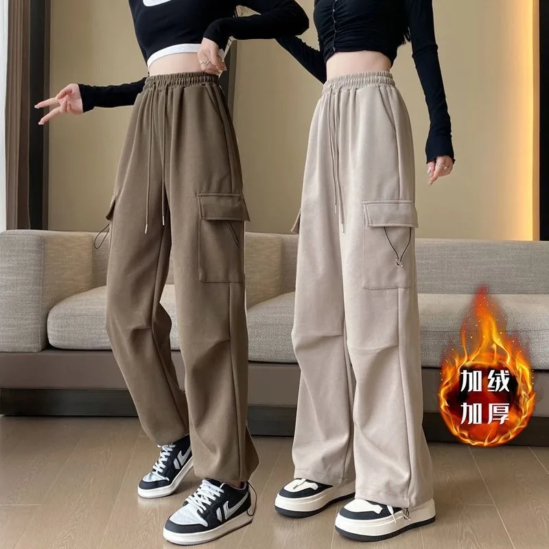 New women's design sense casual straight pants autumn winter velvet overalls female thickened tied feet wide-leg pants trousers