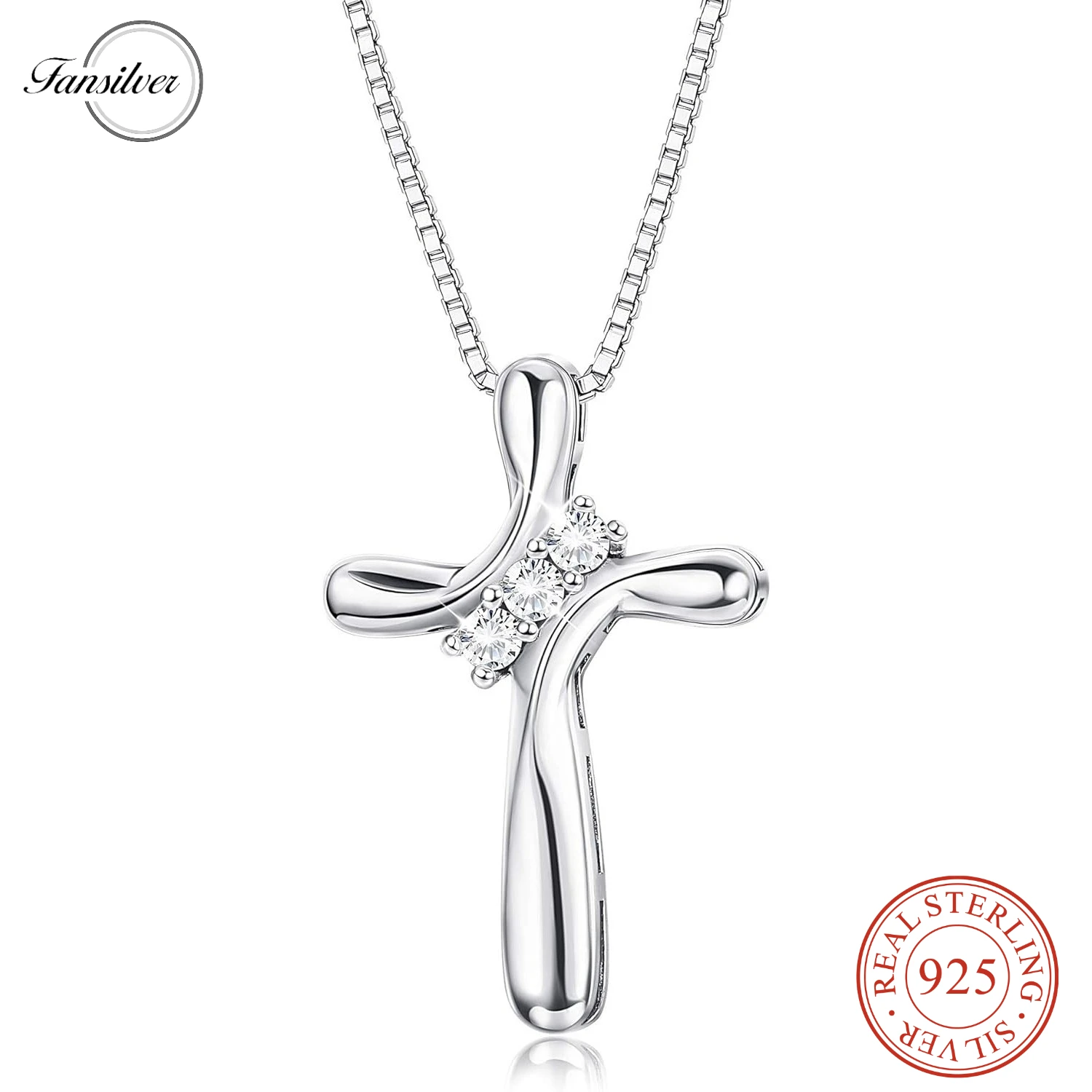 

Fansilver 925 Sterling Silver Cross Necklace for Women Cubic Zirconia Cross Pendant Silver Necklace Box Chain Dainty Jewel Gift