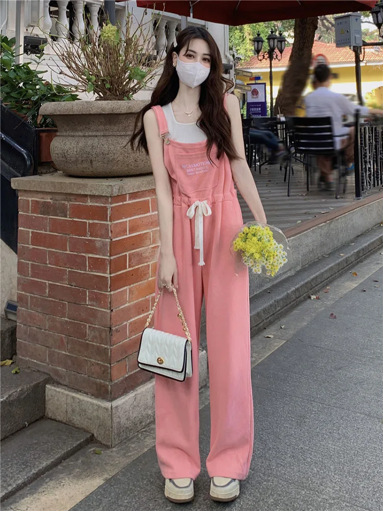 Jumpsuit Korean Ins Letter Small Label Drawstring Waist Wide Leg Casual Overalls Arge Pocket Loose Suspenders Summer 2023