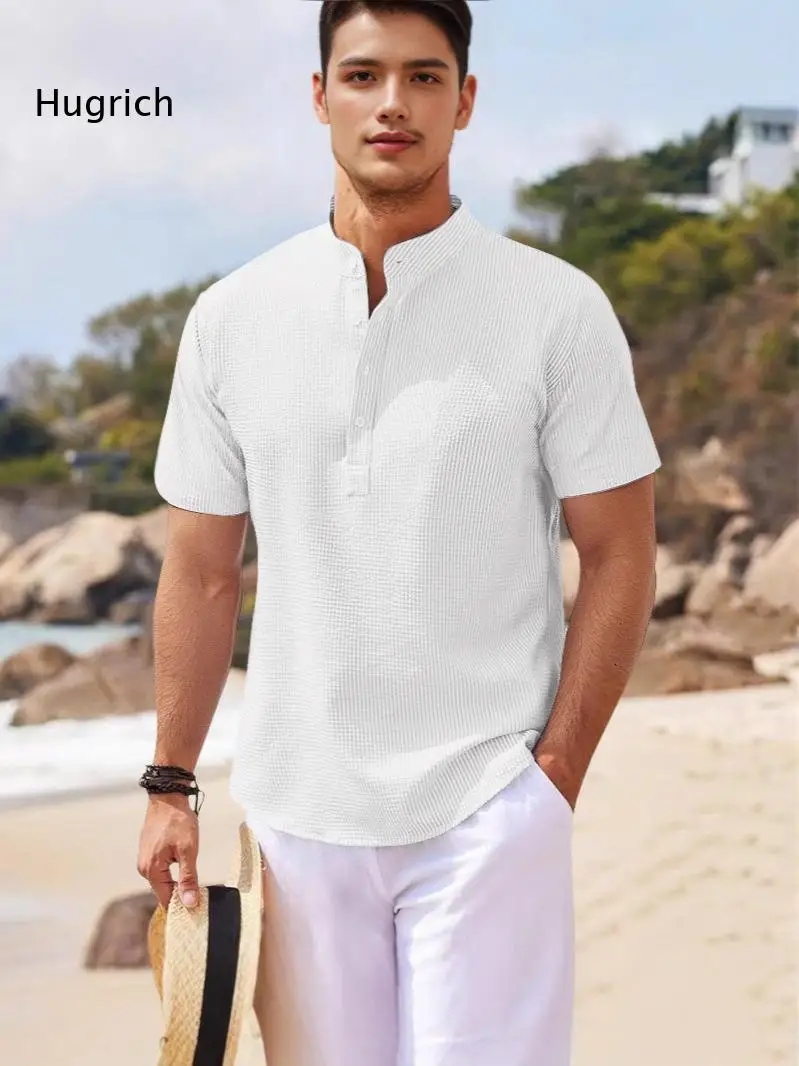 Men Mandarin Collar Henley Shirt Short Sleeve Half Button Pink Gingham Waffle Texture Summer Casual Beach Vacation Tops