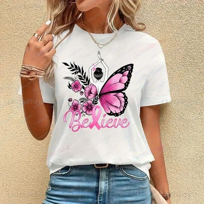 Breast Cancer Awareness Printed T-shirt, Spring/Summer Casual Loose Top,Caring for Women's Health, Women's Harajuku Casual Shirt