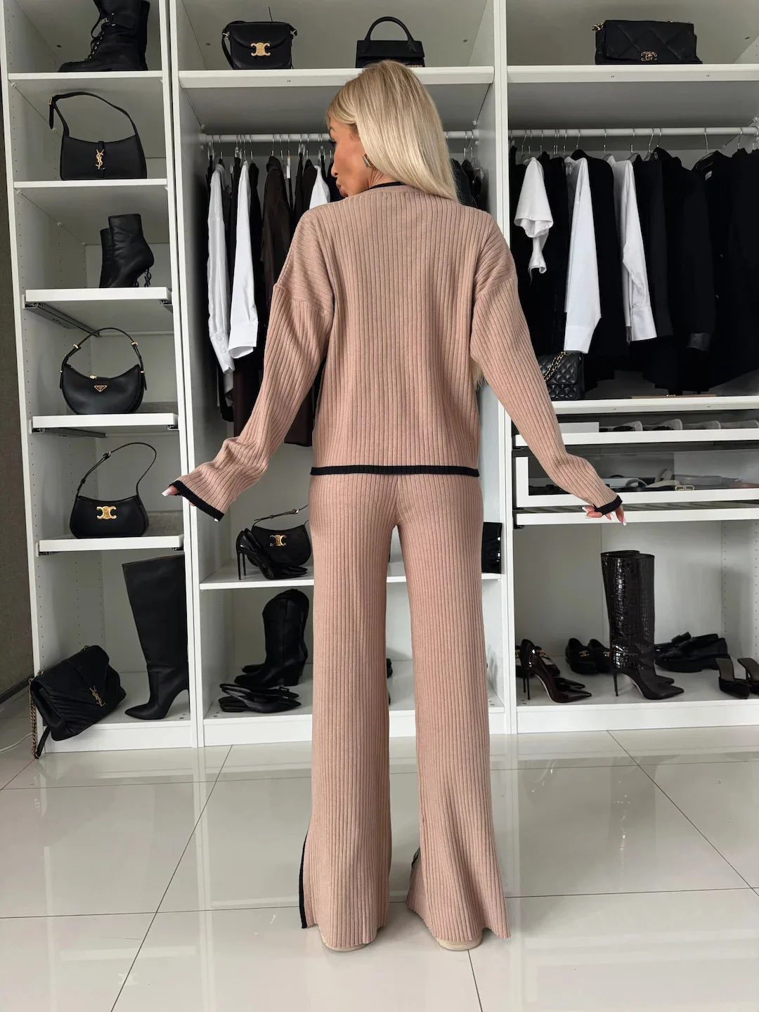 Casual Knitted Home Set Women\'s Warm Pocket Top Pants Tracksuit Women Two Piece Long Sleeve High Waisted Trousers 2 Piece Outfit