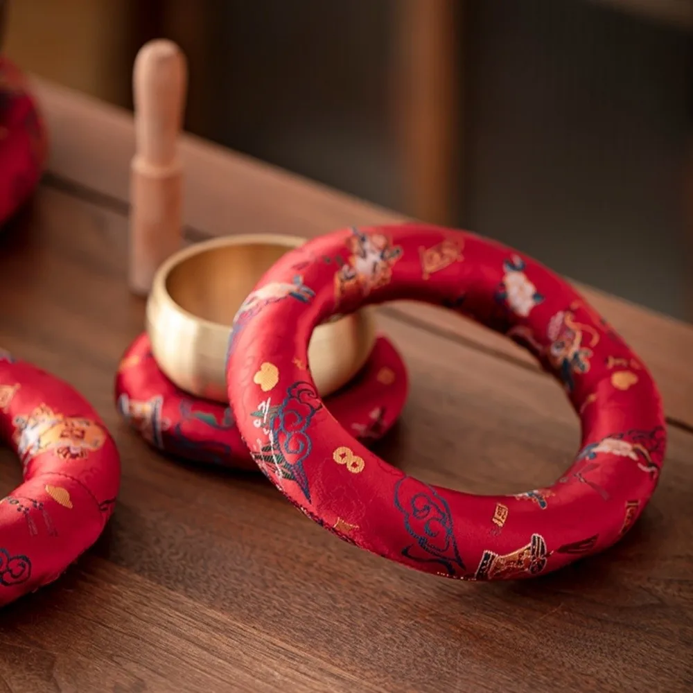 Nepalese Singing Bowl Mat Brocade Donut Shape Sound Copper Out Mat Non Slip Traditional Wooden Fish Coaster Meditation