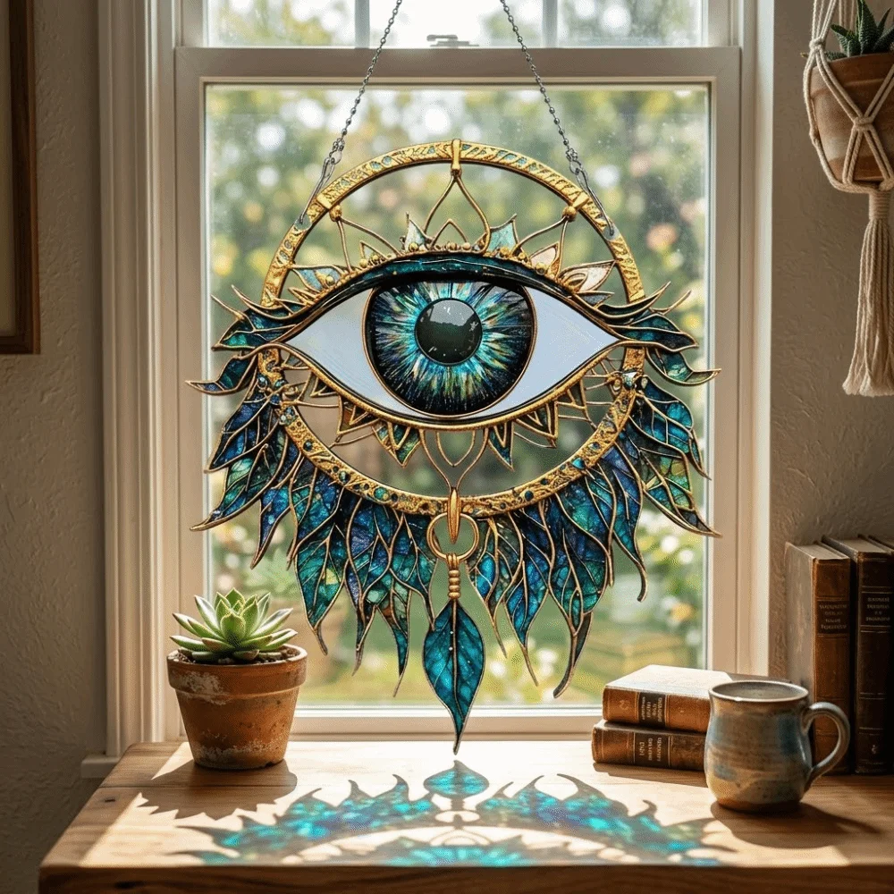 Ethnic Style 2D Flat Evil Eye Decoration Eye Shape Shiny Leaves Hanging Pendant Acrylic Vintage Sun Catcher Patio