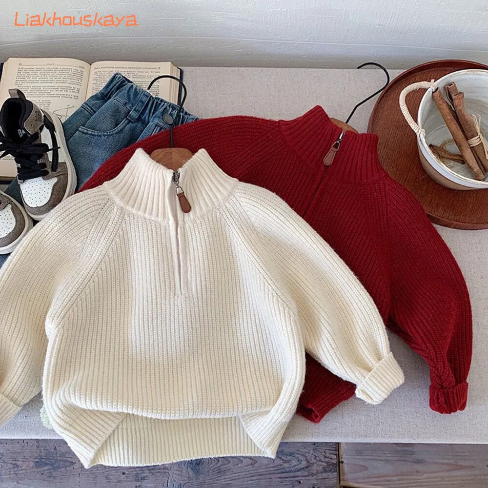 Koreanischer Kinderpullover 2026 Neu Halbrollkragen mit Reißverschluss-Design Lockerer Strickpullover für Jungen und Mädchen Herbst Winter Oberbekleidung Warm