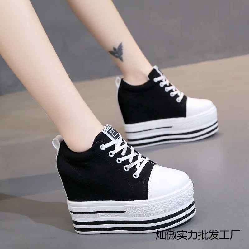 

Super high heel platform sneakers women spring and autumn slope with casual canvas shoes black fashion single shoes flat loafers