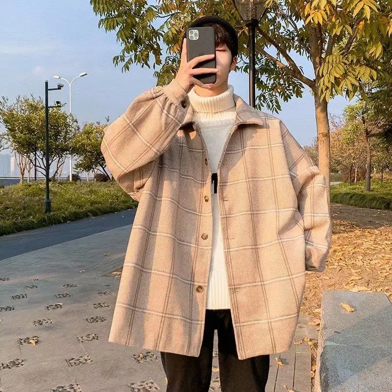 ​Men's Autumn Winter Wool Coat Checkered Lapel Design Loose Oversized Coat for Teens Mix and Match Korean Style​